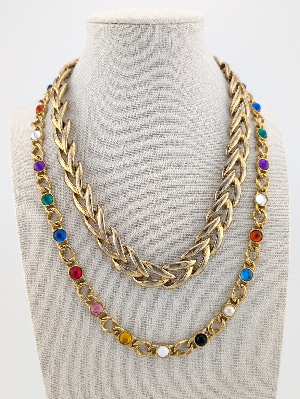 2 Vintage Necklace Bundle - Gold & Multicolor Crystal Stations - Estate Jewelry
